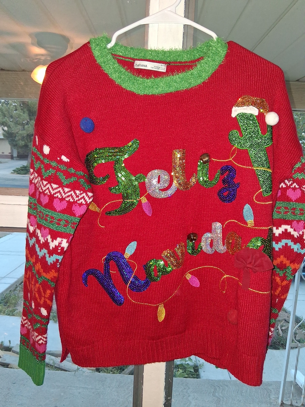Rafina Red 'Feliz Navidad' Embellished Holiday Crewneck Sweater